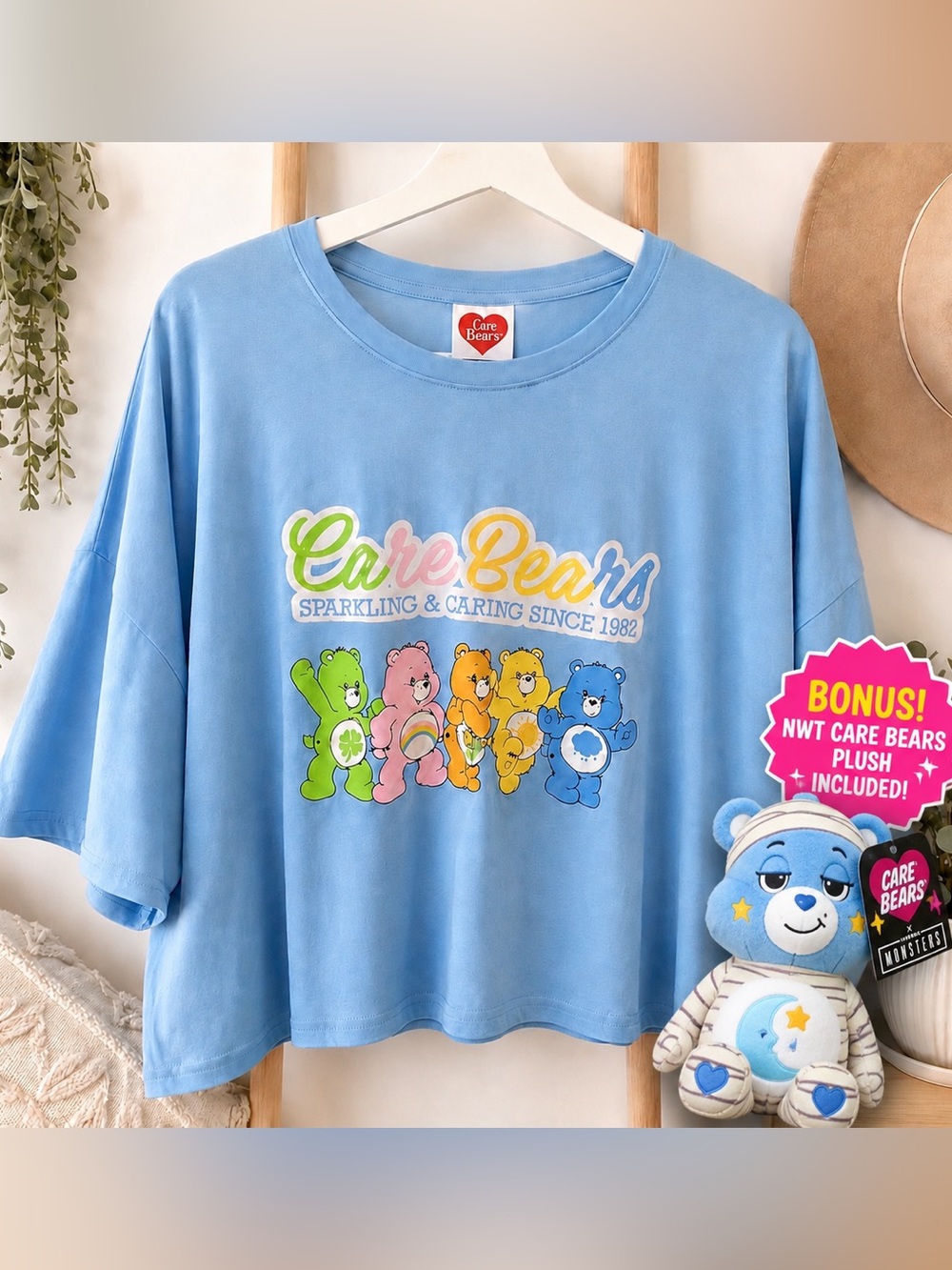 Care Bears Bundle XL Graphic Tee + Bedtime Bear Mummy Plush NWT